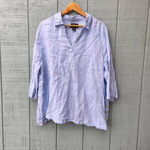 Tahari 100% Linen Popover Collared Tunic sz 2X Light Blue Coastal Minimalist